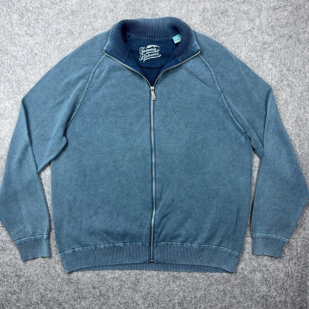 Tommy Bahama Sweater Mens XL Blue Full Zip 100% Cotton Lightweight Jacket Casual